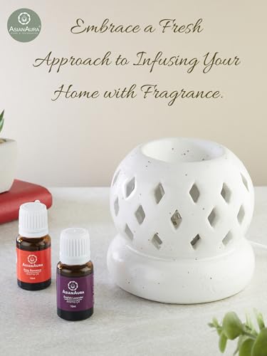 Asian Aura Aroma Diffuser Handcrafted Ceramic Electric Round Shaped Aroma Oil Burner for Home with Aroma Oils (English Lavender & Rosy Romance Fragrance 10ml Each)