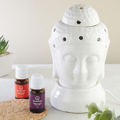 Asian Aura Handcrafted Ceramic Electric Buddha Shaped Aroma Diffuser| Aroma Oil Burner for Aromatherapy| Home Decor and Fragrance with Aroma Oils(English Lavender & Rosy Romance Scent 10ml Each)