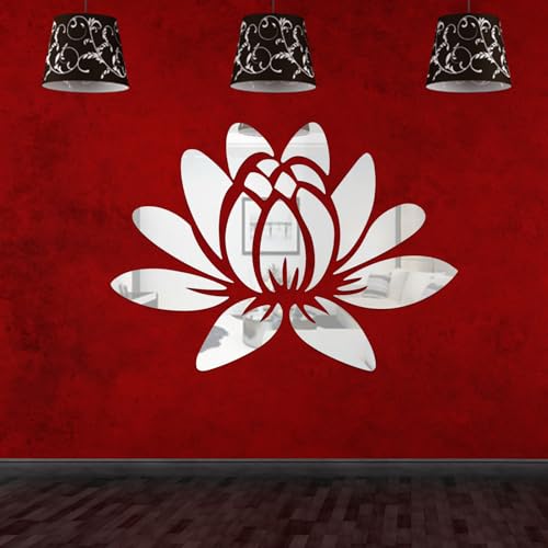 SPARKSBAE Silver Mirror Self Adhersive Acrylic Sticker Featuring Lotus Flower Wall Decals Design for Living Room, Bed Room, Hall, Kitchen, Foyer Wall Decor DIY (Silver | 30X21cm| 17 Pieces)