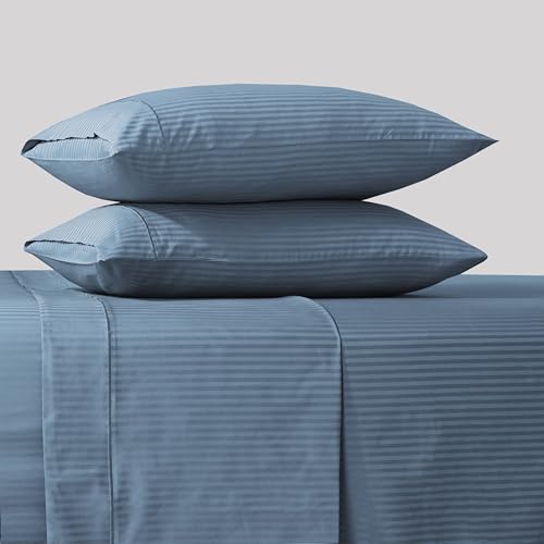 Feather & Stitch 500 Thread Count 100% Cotton Stripe Sheets + 2 Pillowcases, Soft Sateen Weave, Deep Pocket, Hotel Collection, Luxury Bedding Set (Blue, Split King)