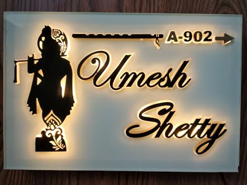 TC The Customizer Aarushi Creations Personalised Laser Cut Home Door Name Plate, Mirror with Lighting (12 x 8 inch) Square, Wall Mount, Black and Golden, Framed