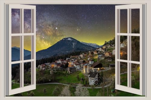 JVERF - JZZA29732 Switzerland Mountains Houses Alps Night| Self-Adhesive Open Window Wall Sticker