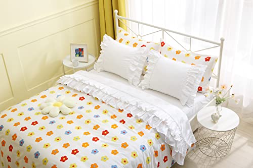 White Ruffled Bed Flat Sheet Cotton Queen Size 1 Piece