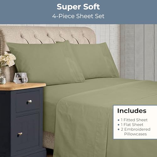 Royale Linens - 4 Piece Full Bed Sheet - Soft Brushed Microfiber 1800 Bedding Set - 1 Fitted Sheet, 1 Flat Sheet, 2 Pillow case - Wrinkle & Fade Resistant Luxury Full Size Sheet Set (Full, Sage Green)