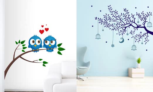 Trendy Set of 2 Wall Stickers Bird in Love Blue Tree Moon Self Adhesive VinylWaterproof Decorative Wall Decals for Home