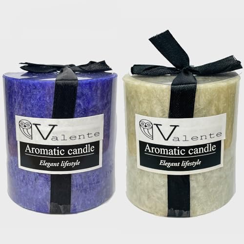 The Decor Affair Pack of 2 Lavender Infused Scented Pillar Candles (3x3 Inches) - Handcrafted Home Decor Items for Relaxing Evenings (Blue Beige)