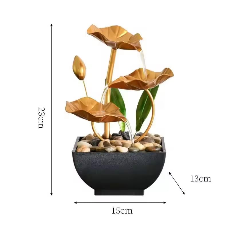 BIYALI Tabletop Water Fountains for Home Office Décor – Desktop Waterfall Leaf Fountains Deep Basin Natural River Rocks Indoor Zen Relaxation Sound Bedroom, Livingroom (Pack of 1, Metal Golden)