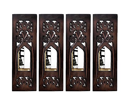 WHF Wood Painted Wall Hanging Jharokha Inside Mirror, Wooden Wall Hanging, Wooden Wall Panel (11.5 inch, Natural) Set of Four