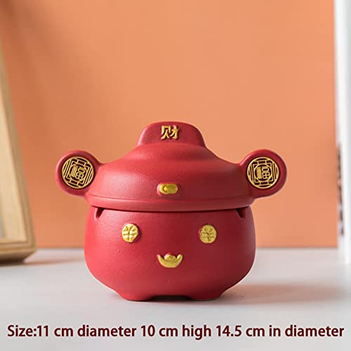 MYADDICTION Chinese God of Wealth Ashtray with Lid Feng Shui for Home Indoor Gift Red