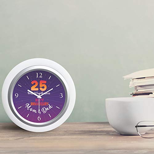 TheYaYaCafe Yaya Cafe� Happy 25th for Mom Dad, Table Desk Clock Plastic Framed- 6x6 inches, Printed Round (White Frame, Unbreakable Flexiglass Cover, Analog)