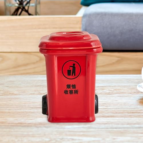 Mini Trash Can Shape Ash Holder Ceramic Portable for Living Room Office Desk Red