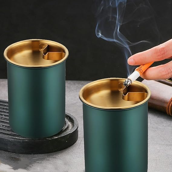 LAKSHMINARAYAN SALES Stainless steel Ash Tray for Cigarette, Stylish Ash Tray for Indoor or Outdoor Use, Ash Tray with Lid & Cigarette Holder, Durable Windproof Ashtray with Funnel Lid