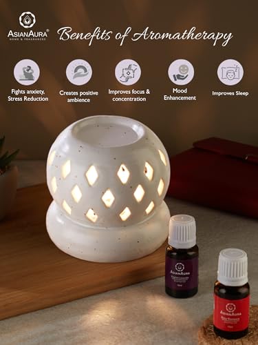 Asian Aura Aroma Diffuser Handcrafted Ceramic Electric Round Shaped Aroma Oil Burner for Home with Aroma Oils (English Lavender & Rosy Romance Fragrance 10ml Each)