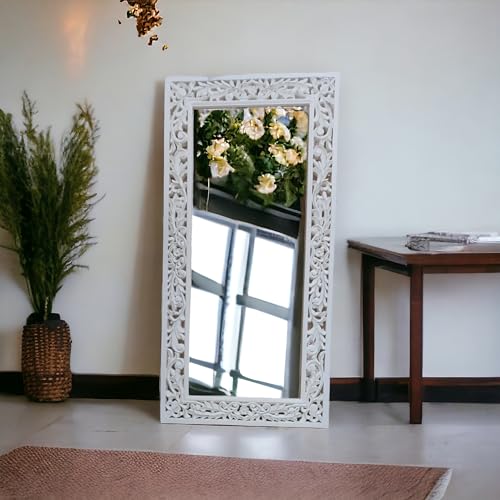 aesthetic decor (6x3 Wooden Carved Wall Mirror Frame Solid Wood, | with Out Mirror | Crown Pattern (White Distress)