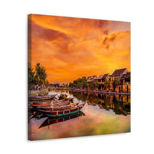 GADGETS WRAP Canvas Gallery Wrap Framed for Home Office Studio Living Room Decoration (10x10inch) - Boats On River Near Houses Sunset