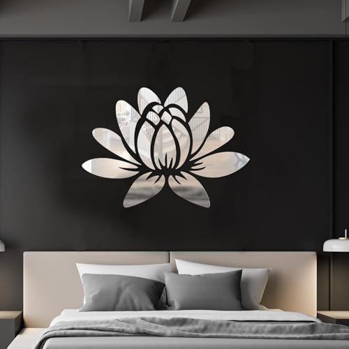 SPARKSBAE Silver Mirror Self Adhersive Acrylic Sticker Featuring Lotus Flower Wall Decals Design for Living Room, Bed Room, Hall, Kitchen, Foyer Wall Decor DIY (Silver | 30X21cm| 17 Pieces)