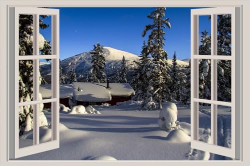 JVERF - JZZA24768 Mountains Winter Houses Norway Mountain| Self-Adhesive Open Window Wall Sticker