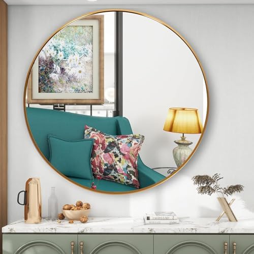 THING MAKER 18 inch Modern Design Gold Brass Metal Round Mirror for Bathroom, Wall Mounted/Decor, Vanity, Living Room, Bedroom, Framed