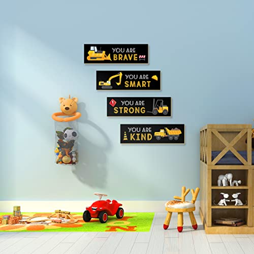 LUHIMO 4 PCS Construction Trucks Theme Room Decor for Boys,Wooden Hanging Wall Pediments for Kids Toddler Boy Playroom Art Inspirational Quotes.