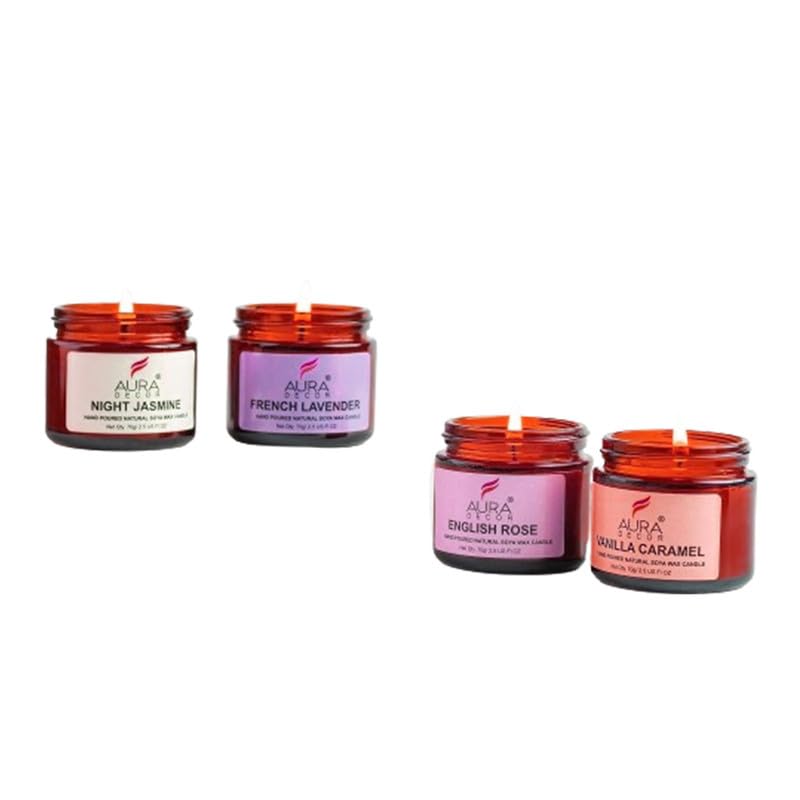 TRIDEO Scented Amber Jar Candles in Soy Wax Burning Time 25 Hours Each Soy Wax Paraben Free English Rose, Vanilla Caramel, Night Jasne, French Lavender (Pack of 4)