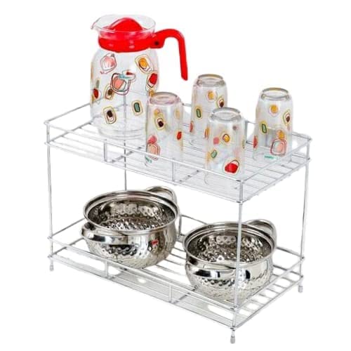 12FOR COLLECTION Heavy Stainless Steel Kitchen Rack, Kitchen Organizer, Space Saver, Counter top Kitchen Stand 2-Tier Trolley Basket for Boxes Utensils Dishes Plates for Home, Tiered Shelf