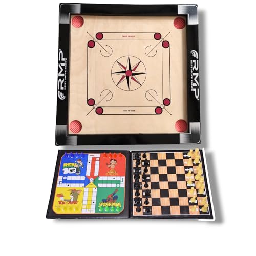 RMP Carrom Board for Kids 20 inches Glossy Finish with Carrom Board Coins, Carrom Board Striker and Magic boric Powder, with Chess Board and Ludo Board Game.