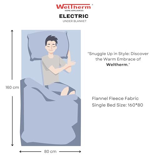 WelTherm Flannel Fleece Electric Bed Warmer | Electric Under Blanket | Single Bed |Stamp welding(160cms x 80cms) | 9 Heat Settings | 10 Hour Timer| Digital LED Controller| Multizone Heat Modes| UB-FFS