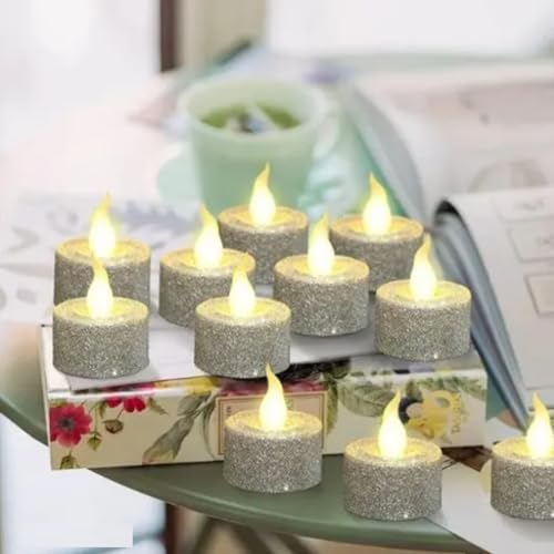 UDHWANI 24 Pcs Acrylic Flameless & Smokeless Decorative Candles Led Tea Light Candle Perfect for Gifting, Home, Birthday, Diwali, Christmas,Decorative Candles,Birthday (Glitter Silver - 24 Pcs)