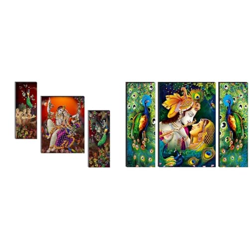 SAF Radha Krishna UV Textured Self adhesive Religious Painting (SANFJM31319) Set of 3 Religious Radhe Krishna with Couple Peacock UV Textured Self Adeshive Painting 18 Inch X 12 Inch SANFJM01