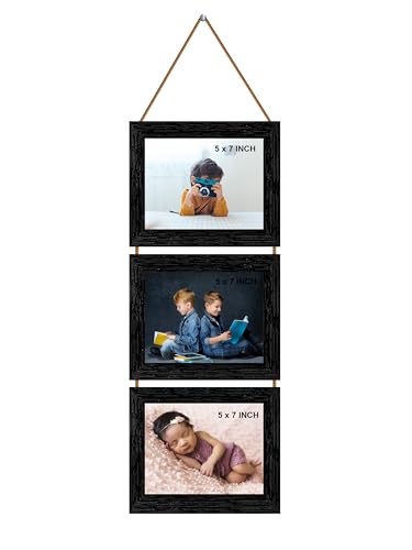 Indianara 3 in 1 Hanging Photo Frame with Plexiglass - Three slots for 3 Photos of 5 x 7 each (Black Frame)