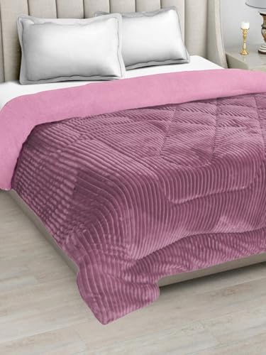 FABINALIV Pink Striped Heavy Winter 950 GSM Micro Fiber Filling Double Bed Quilt (FLQT-1027-Pink)