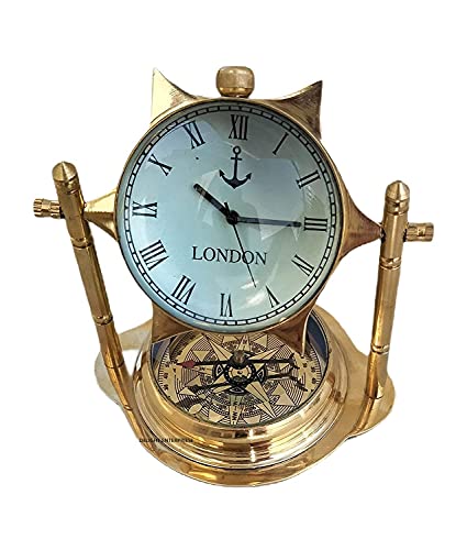 Delight Enterprises Brass Desk Clock Base Compass Star Dial Desktop Shelf Decorative