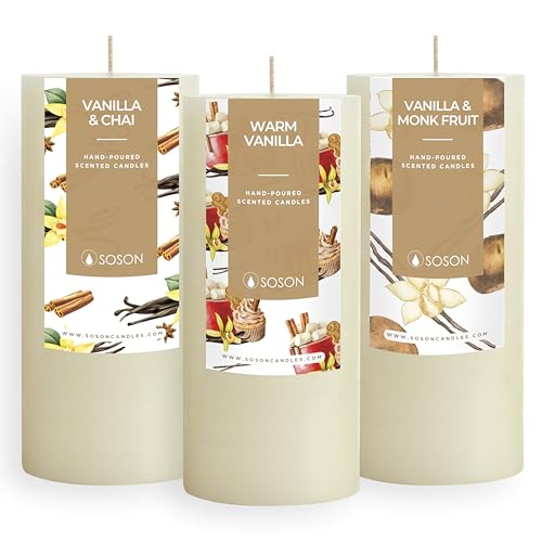 Simply Soson 3x6 Ivory Textured Pillar Scented Candles | Cinnamon Vanilla & Sugar - Vanilla Chai - Vanilla & Monk Fruit | Pillar Candle Set 3 | Scented Pillar Candles | Candles for Home Scented