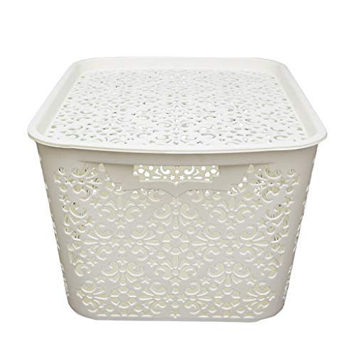 Cutting EDGE Plastic Storage Baskets Lidded Shelf Turkish Rack, Large Set of 2 with Lid for Storage Baskets for Fruit Vegetable Bathroom Stationary Home Basket with Handle (Cream, Large)