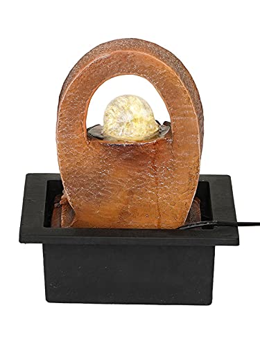 CRAFT SMITH Polyresin Brown Designer Oval Table Top Indoor 2 Steps Waterfall Fountain with Yellow LED Lights, Water Flow Controller Pump and Crystal Ball (Size: 25 x 21 x 18.5CM | Weight: 1180grm)