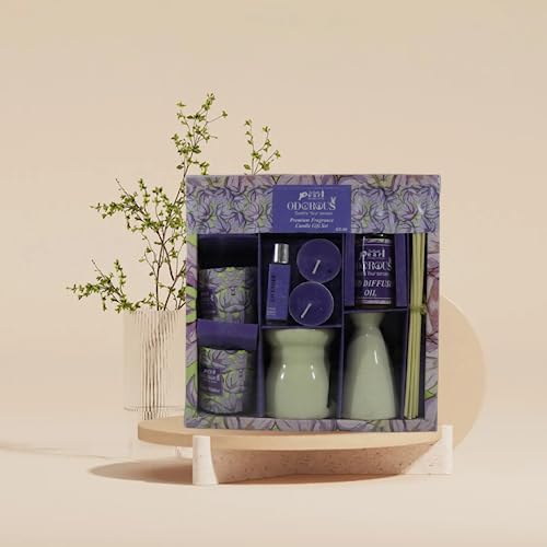 The Decor Affair 1 Pcs Serenity Meadows Lavender Blossom Glow Ensemble: Cerulean Elegance Tea Light Vessel, Aromatherapy Oil Diffuser, and Enduring Wax Warmer.