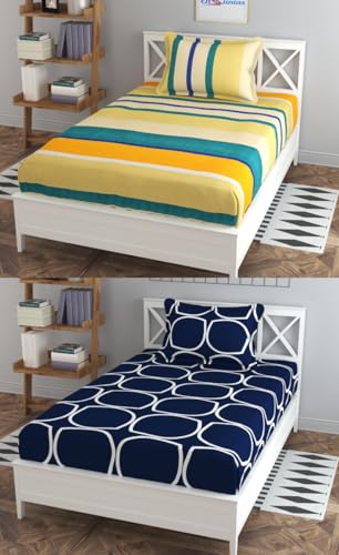 KREATOSSS® Prime Collection 220TC Combo Pack of 2 Single bedsheet Size (90X60) inch Soft Cotton-Blend - Long Lasting & Wrinkle Free with 2 Pillow Covers Size 16X26 inch (Design 43)