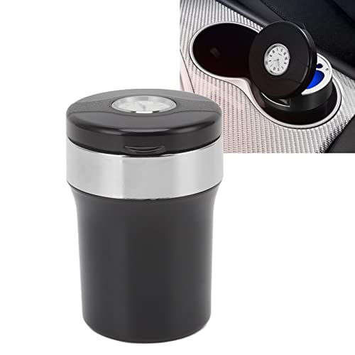 Mini Car Ashtray, Easy to Clean LED Light Clock Stainless Steel Inside Car Ashtray for Outdoor (Black Silver)