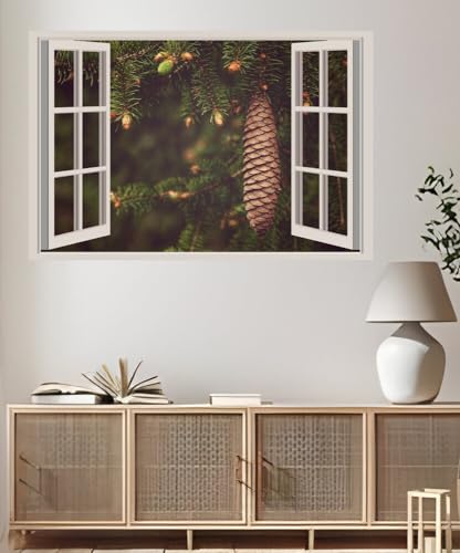 JVERF - JZZA19439 Closeup Branches Spruce Pine Cone Bokeh| Self-Adhesive Open Window Wall Sticker