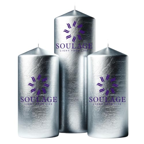 SOULAGE Premium Silver Festive Pillar Candle| Luxury Aromatherapy| Hand Crafted| Natural Soy Wax| Healing & Meditation| Non Toxic| Anti Mosquito| Slow Burning| Smokeless & Dripless Set of 3