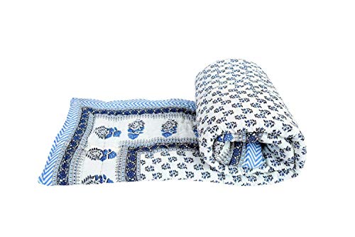 AQRATE Hand Made Gold & Silver Printed Jaipuri Razai Dark Blue Cotton Single Bed Quilt Razai/Rajai-Set of-1