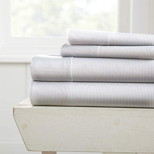 Simply Soft Pinstriped Pattern 4 Piece Bed Sheet Set, King, Light Gray