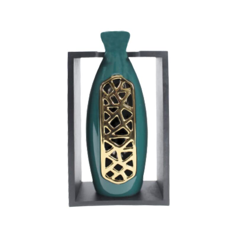 Wonderland Ceramic Flower Vase in a Frame Unique Quality for Home Decor, Center Table, Flowers Pot, Bedroom Side Corner, Living Room 12x6x25 CM Green