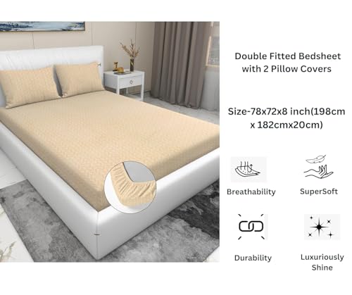 PRINDA Double Bed Elastic Fitted Bedsheet, 72 x 78 x 8 cm, Cotton Feel King Size Bedsheet with 2 Pillow Covers, White (Beige, King 72 x 78 x 8 Inches)