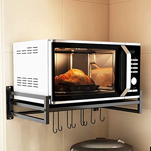 Livzing Wall Mount Microwave Oven Rack - Metal Holder Storage Stand - Cooker Utensils Dish Shelf Organizer with Hooks for Home & Kitchen Appliances - Black, Floating Shelves