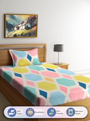 FABINALIV Multicolor Geometric 300 TC Cotton Blend Single Bedsheet with 1 Pillow Cover (FLSBS-1298-Multi)