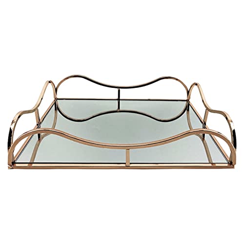 CALANDIS Gold Metal Rectangle Shape Serving/Dressing Table Tray with Mirror Glass