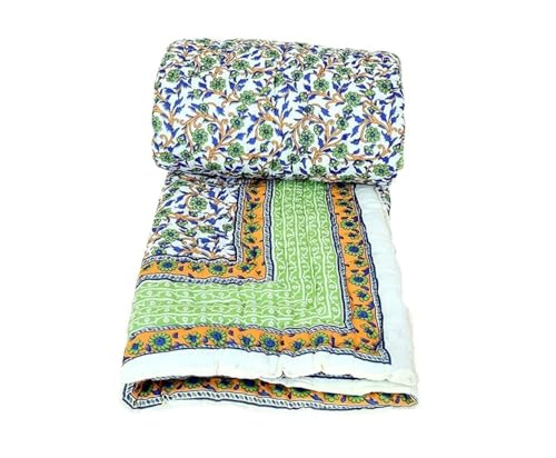 AARMOZY Single Bed Jaipuri Razai Reversible Cotton Green Blanket AC Quilt - Traditional Rajasthani Comforter for Soft and Cozy Sleep Blanket