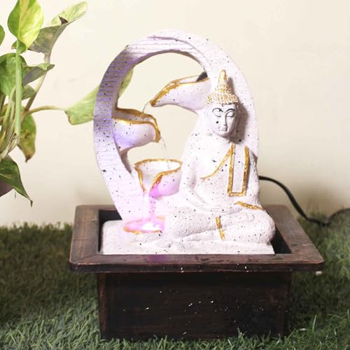 Art N Hub Lord Buddha Home Decorative Water Fountain Best Home and Office Inauguration Gift Items | Built (21 x 18 x 26 CM | Dotted Pink Golden)