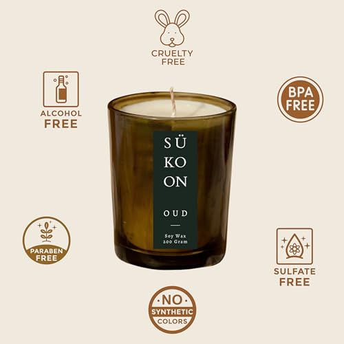 Sukoon Oud Scented Soy Wax Candle with Upto 40 Hr Burn Long Lasting Fragrance Candle Perfect for Home Décor (Pack of 1)